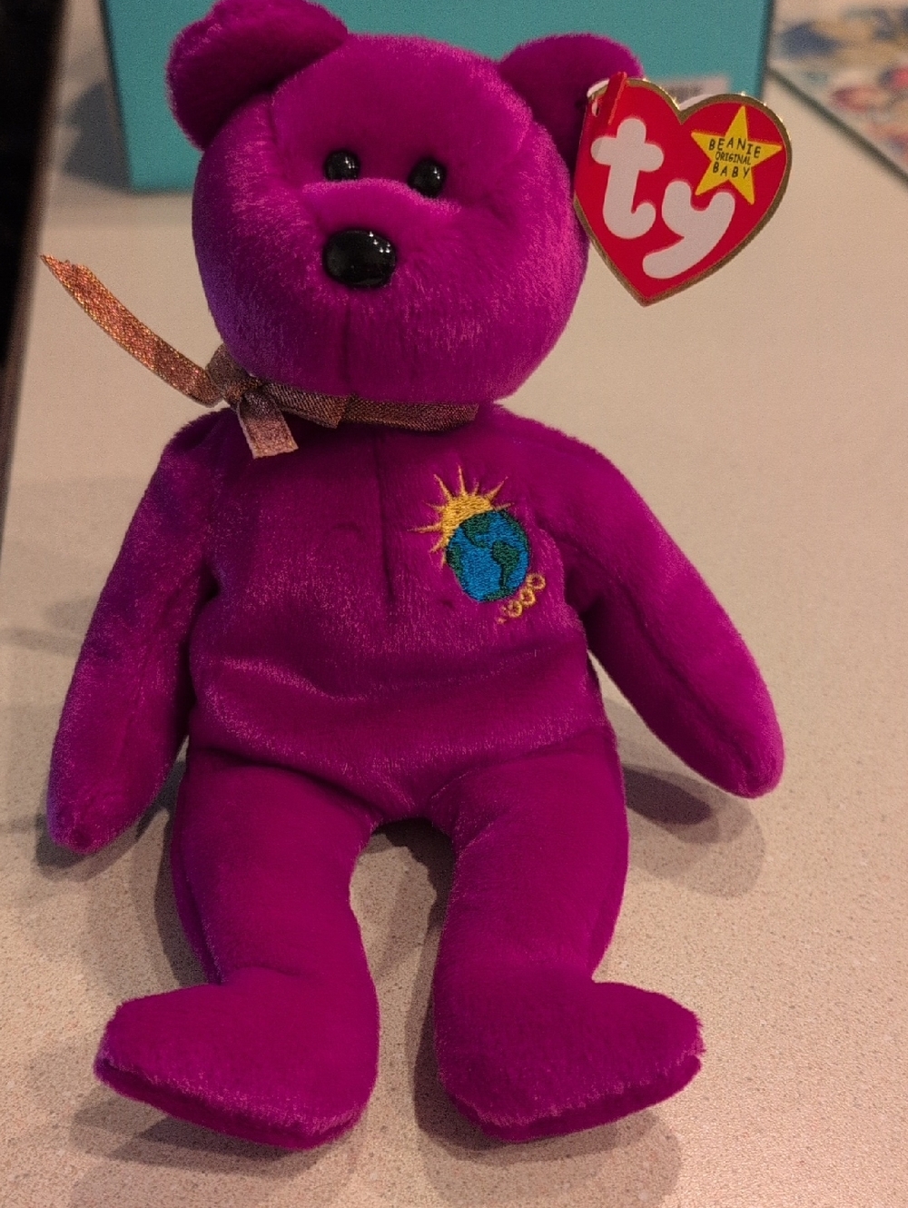 Ty Purple Millenium Beanie Baby Bear with Earth & Sun Embroidery